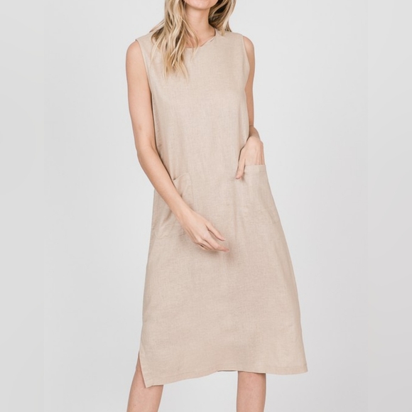 #36 SALE 🛑28 S,M,L FINAL PRICE Linen Blend Front Pockets Sleeveless Midi Dress - Picture 12 of 14